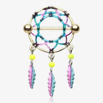 Golden Dreamcatcher Feather Nipple Shield Ring-Rainbow/Multi-Color